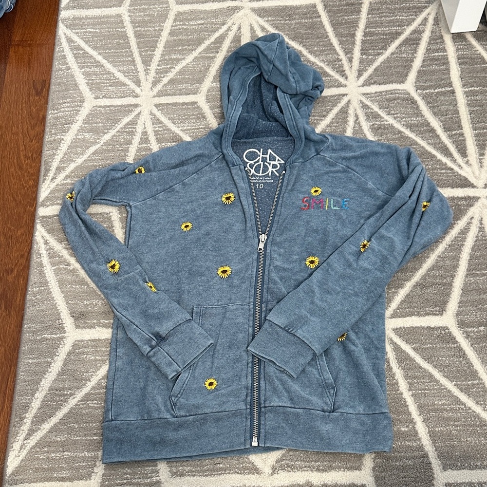 Chaser Kids chambray lightweight sweatshirt  with embroidered Sunflower Accents